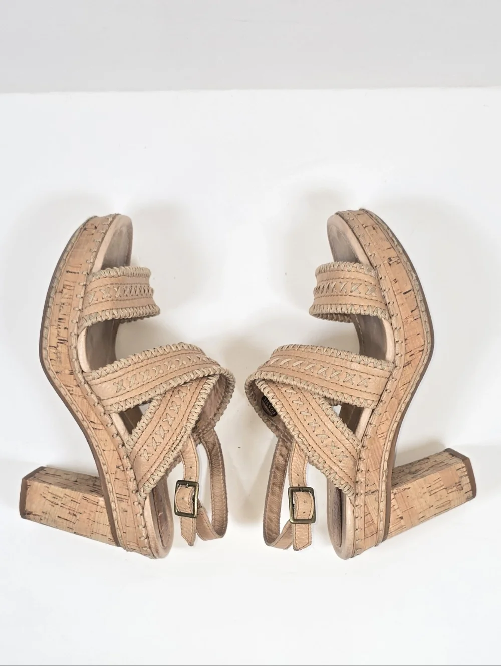 Fosil Cork Platform Sandals Tan Leather Cross-Stitch Block Heel Women’s Sz 6.5 - Picture 7 of 12